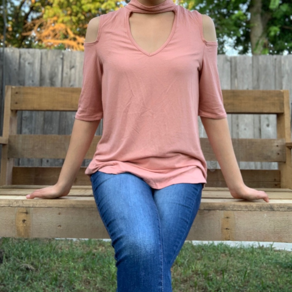 Pink turtle neck/ cold shoulder